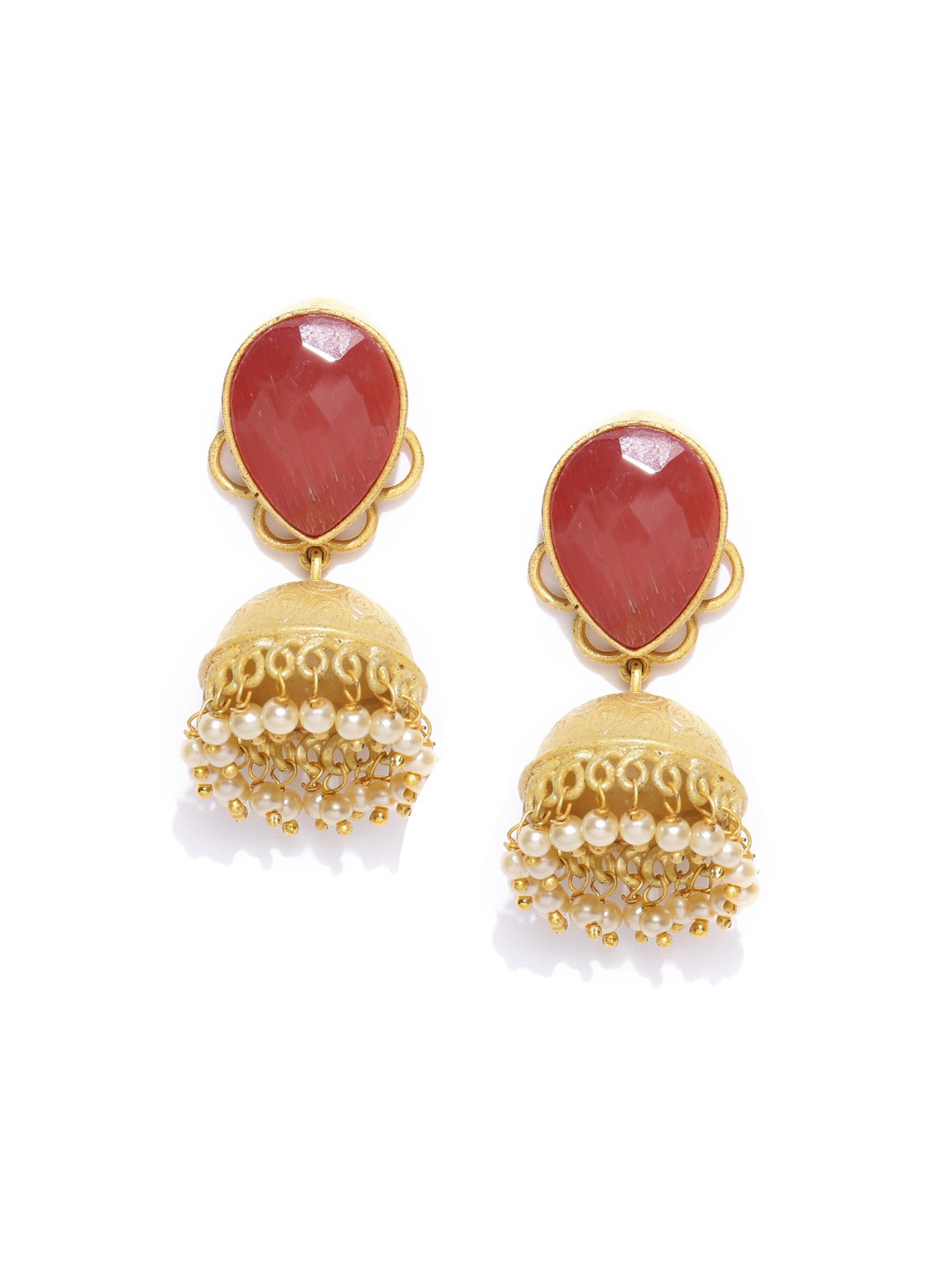 YouBella Rust Orange Gold-Plated Teardrop Shaped Jhumkas